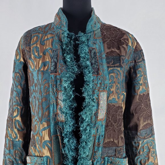 Yak Magik Teal Brown Open Front Silk Blazer Jacket Size Small - Picture 4 of 16